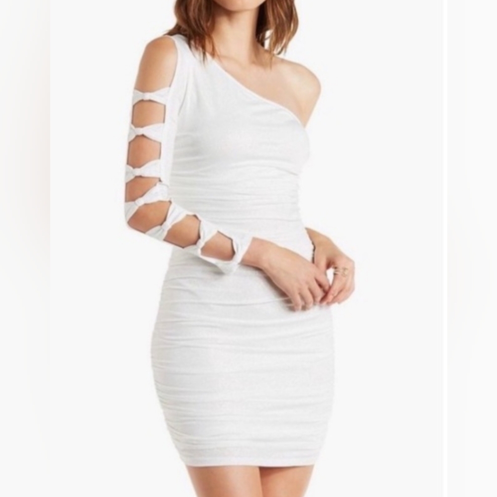Charlotte Russe One-Shoulder White Dress with Cut-Out Sleeve With Silver Sparkle